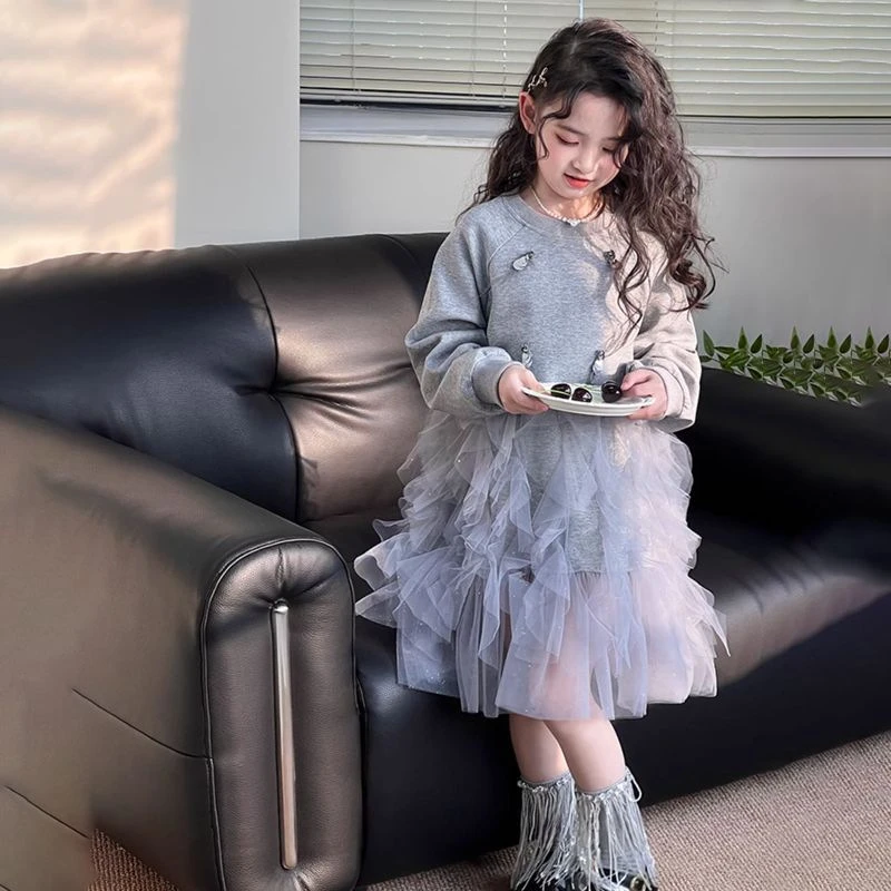 女童韩版春秋新款连衣裙2025潮款中大童洋气时髦女孩网纱长裙童裙