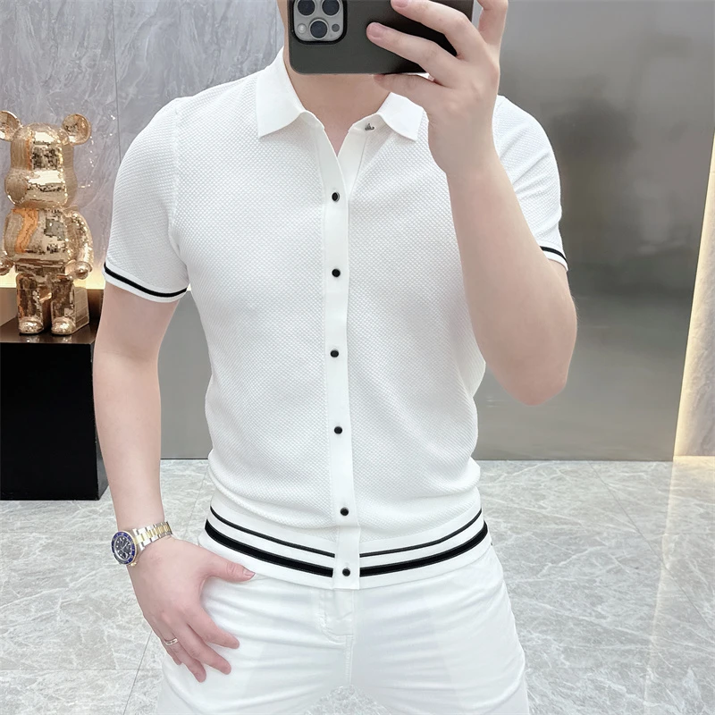 2025夏季新款潮牌修身帅气弹力翻领菠萝纹短袖T恤潮男时尚针织衫