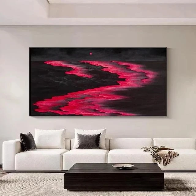 轻奢粉色海浪大横幅客厅餐厅沙发背景墙装饰画红海