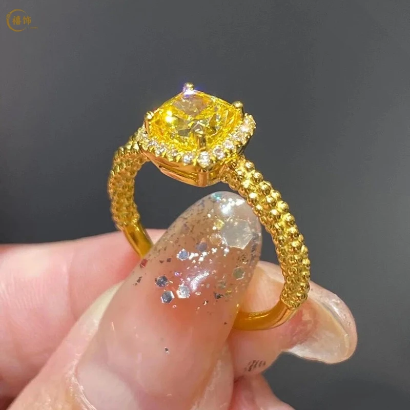 合金戒指 新款小方糖黄戒指轻奢超闪高级开口可调气质送女友礼物