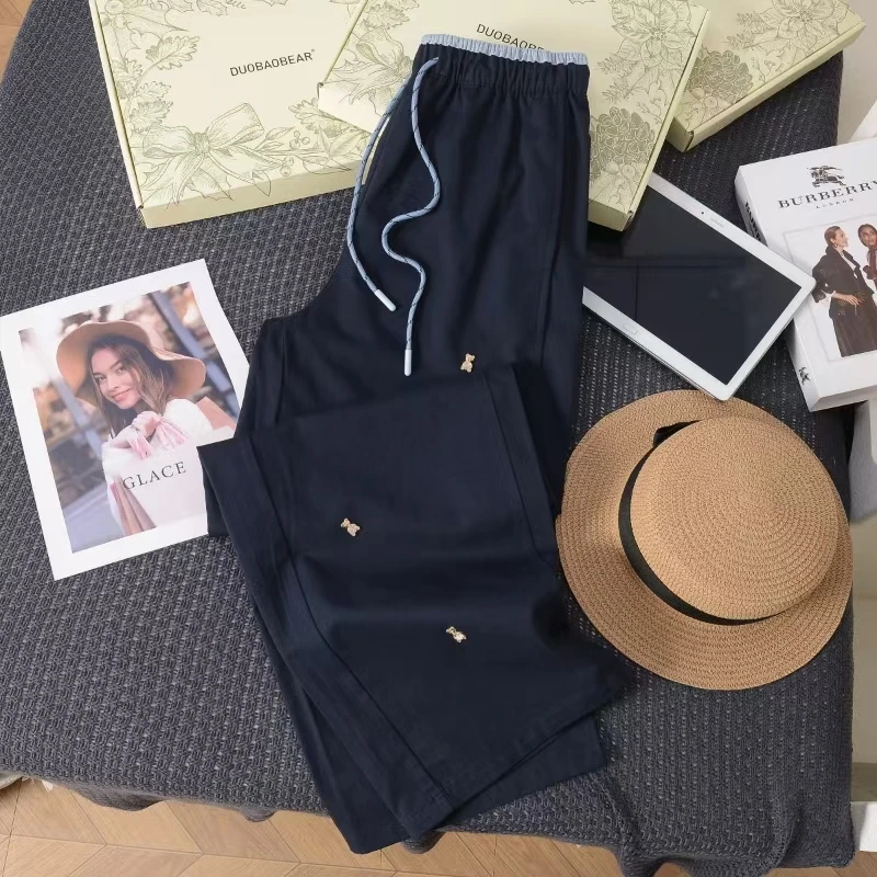 小雅姐姐  韩版烫钻小熊撞色拼接腰头直筒休闲裤IT40