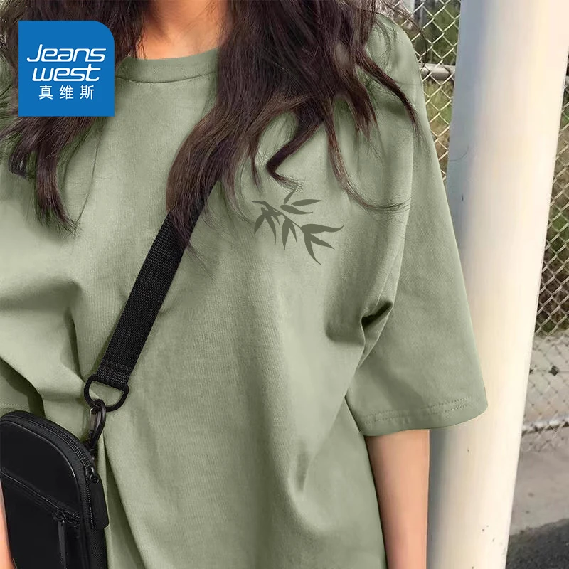 真维斯豆绿色短袖t恤女2025夏季新款复古纯棉宽松设计感小众上衣