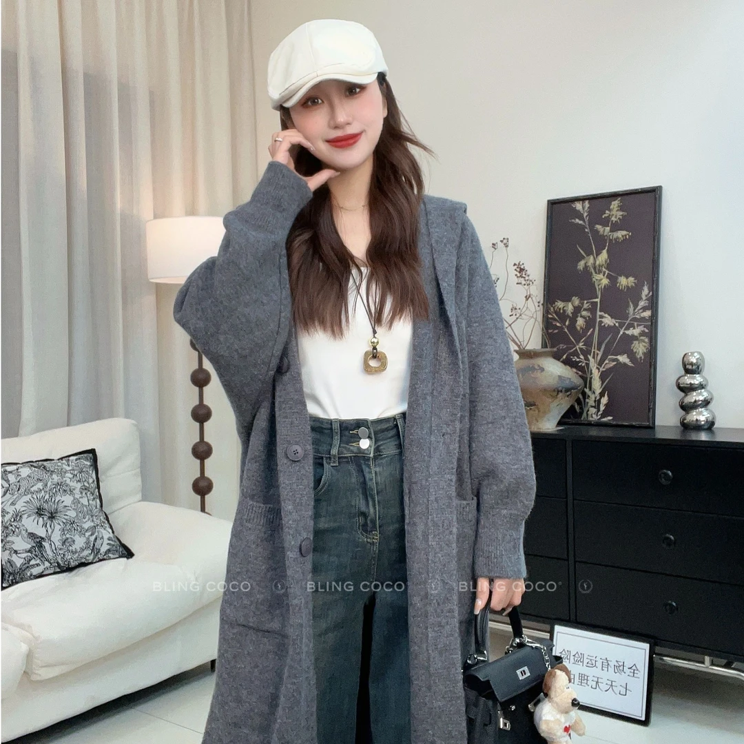 【口袋连帽】2025春新款连帽长毛衣开衫中长款针织衫百搭慵懒风外套