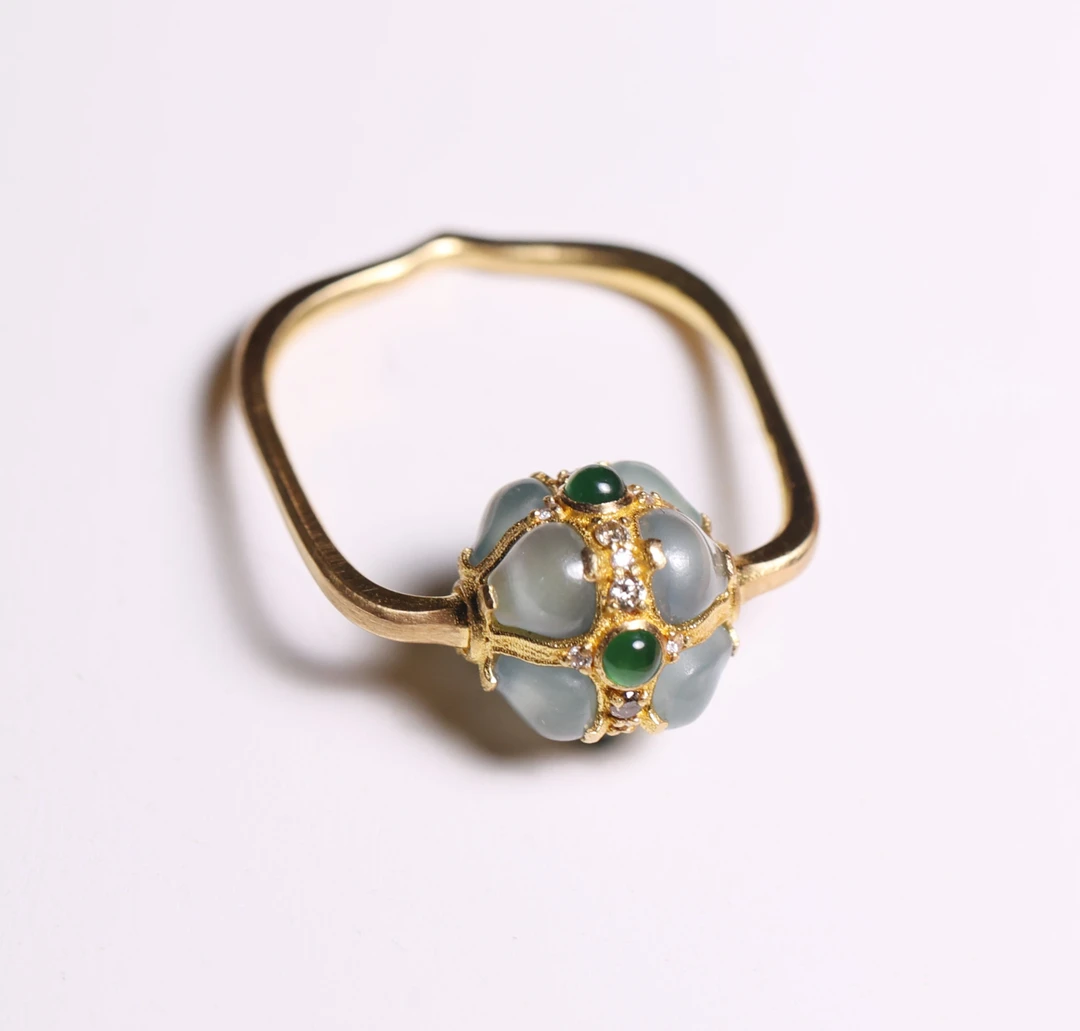 【庄家】18K金镶精工珠翡翠戒指 吊坠两用款 圈口13-14