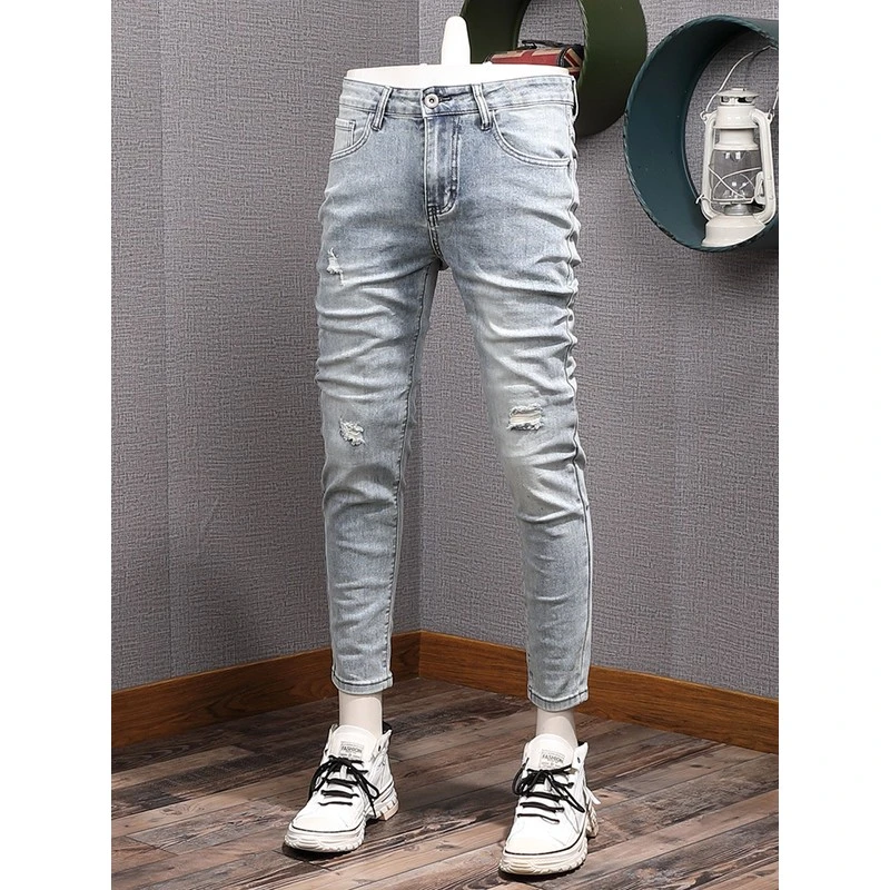 DeweLvum匠心制作！一眼就爱上!新款潮流休闲破洞修身小脚牛仔裤男