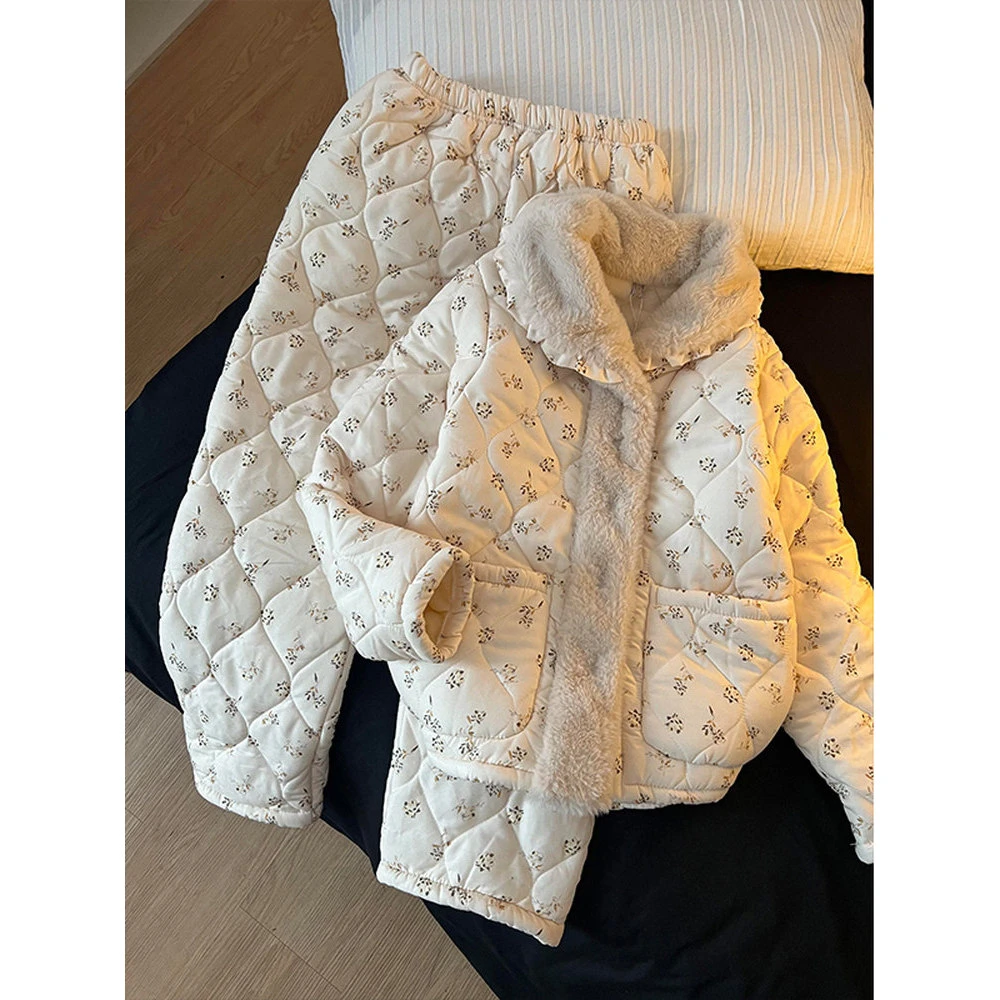 韩系甜美小碎花夹棉睡衣女冬季新款可外穿加厚棉服保暖家居服套装