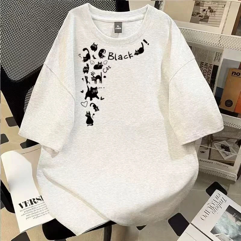 女童夏装宽松纯棉短袖T恤2025新款卡通设计感印花中大童潮流半袖