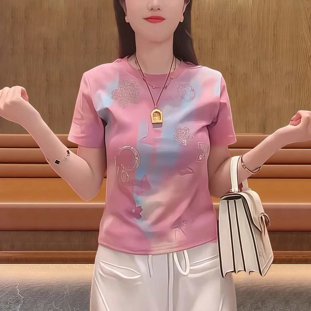 100%纯棉欧货重工烫钻印花短袖T恤女2025夏新款修身显瘦小众女装