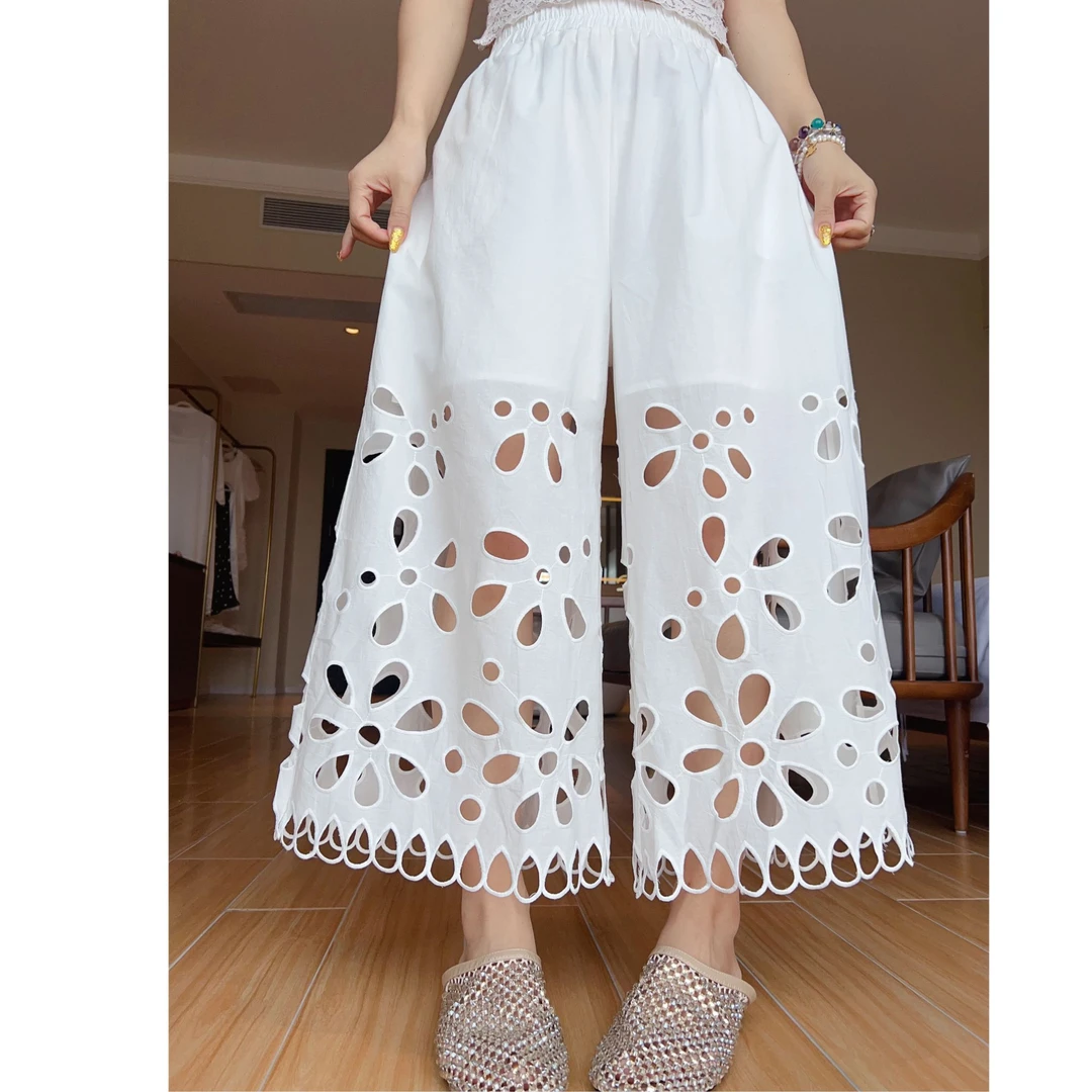 欧货重工镂空白色休闲裤女小众别致时尚透气高腰阔腿显瘦九分裤子