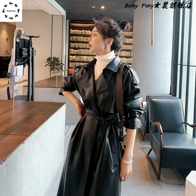 黑色长款皮衣外套女2025秋冬新款设计感气质收腰显瘦夹女pu皮风衣