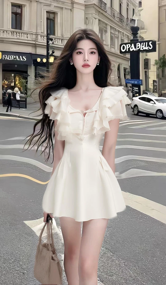 夏季温柔知性风杏色U领收腰设计感连衣裙轻奢时尚小众高级氛围感