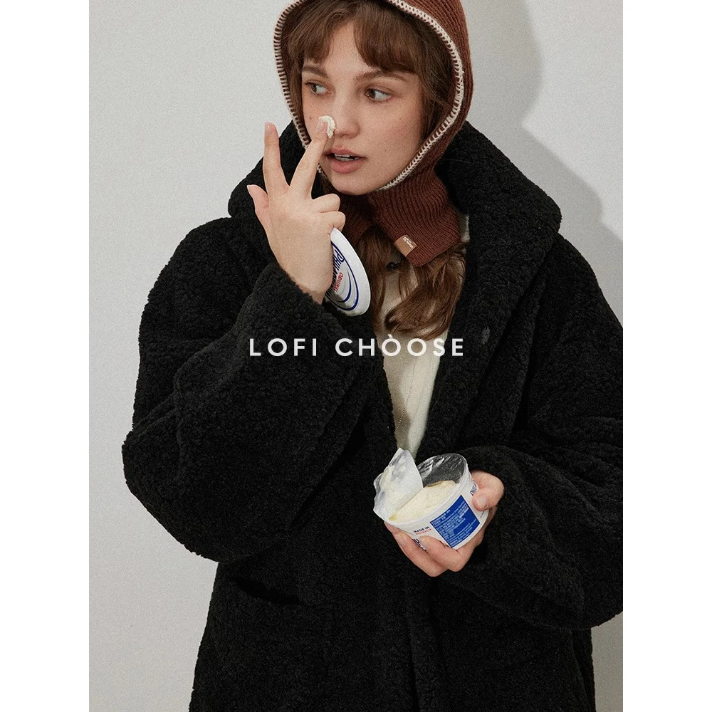 VUMP 羊羔毛连帽加厚外套女秋冬季新款皮毛一体宽松百搭大衣保暖