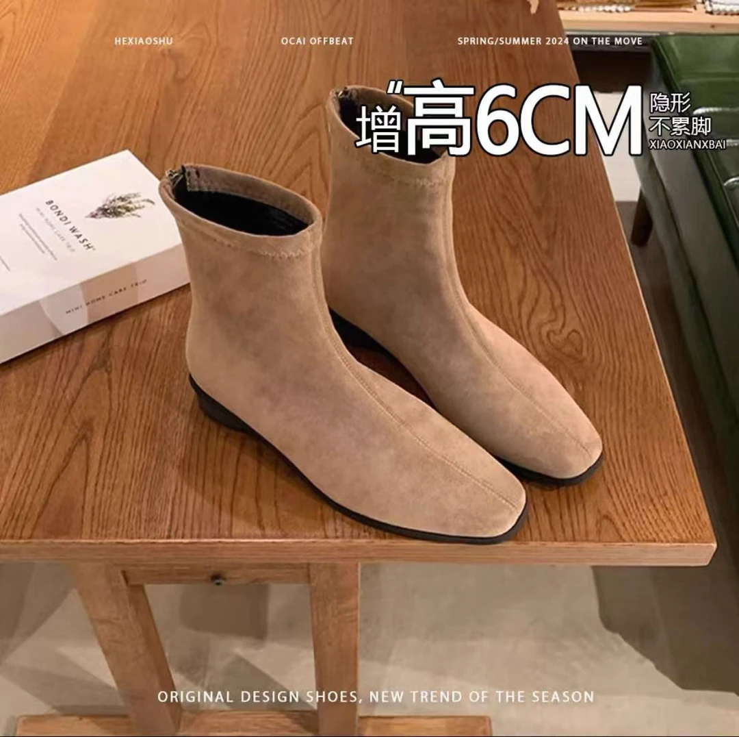 隐形内增高切尔西女靴秋季新款显瘦马丁靴方头复古后拉链法式短靴