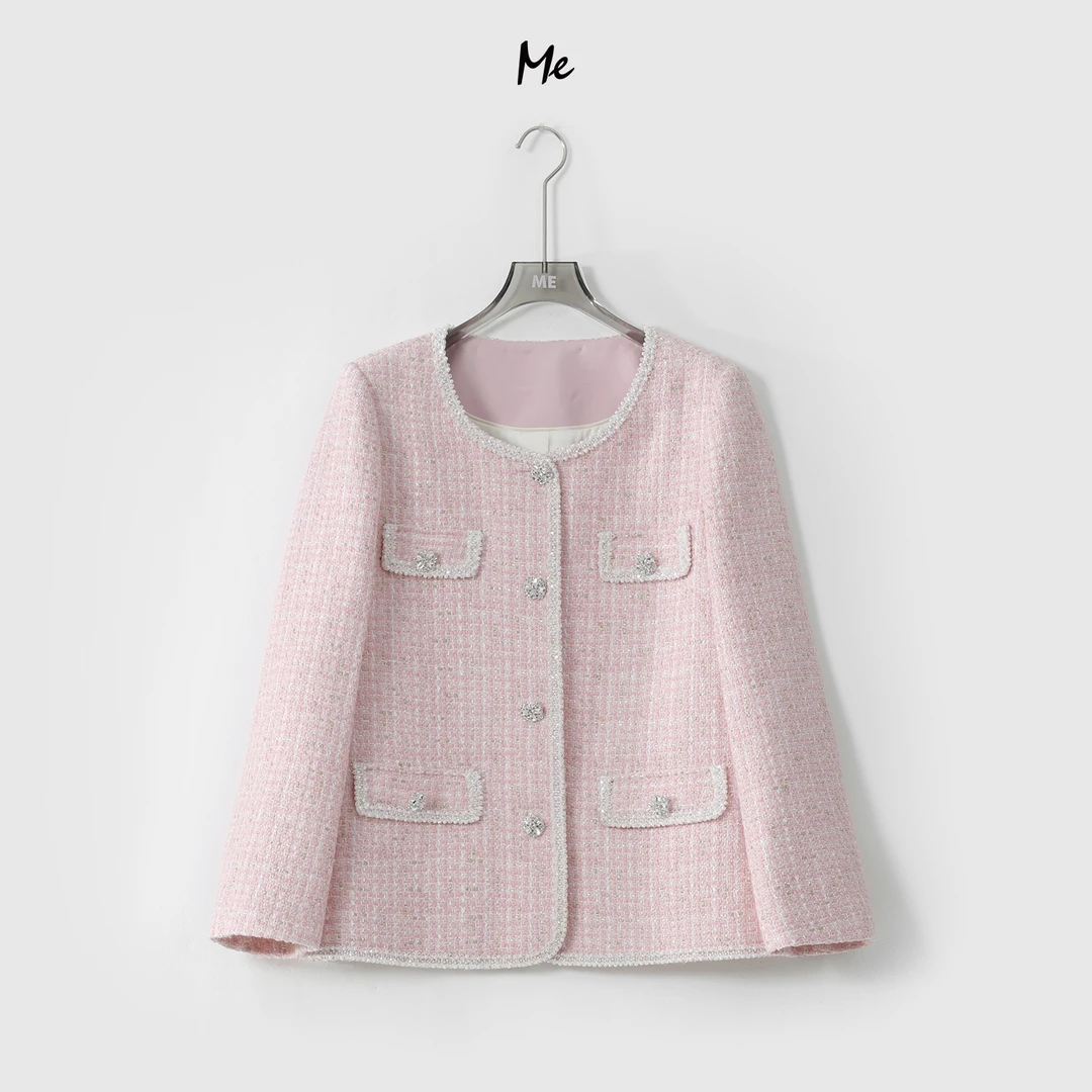 ME【偏爱】绵羊毛混纺重工花呢时尚百搭蔷薇粉小香风外套MESS0594