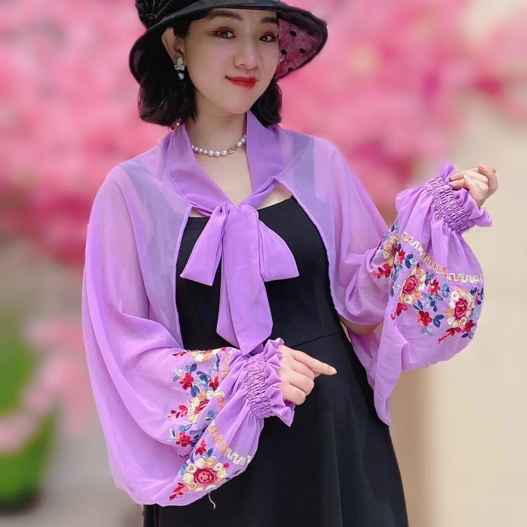 夏季新款刺绣防晒衣女修身珍珠冰丝雪纺洋气开车空调房外搭披肩