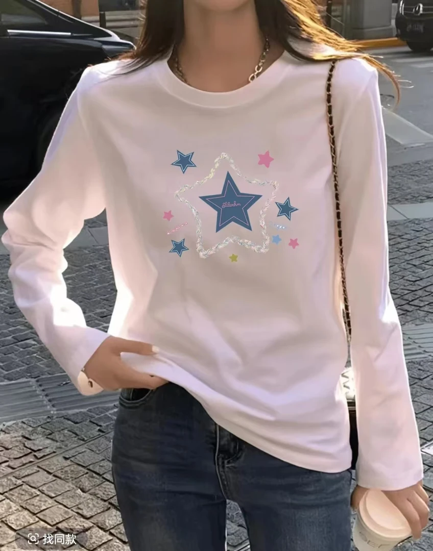 2574港风时尚潮流春夏卡通圆领长袖T恤-篮彩星