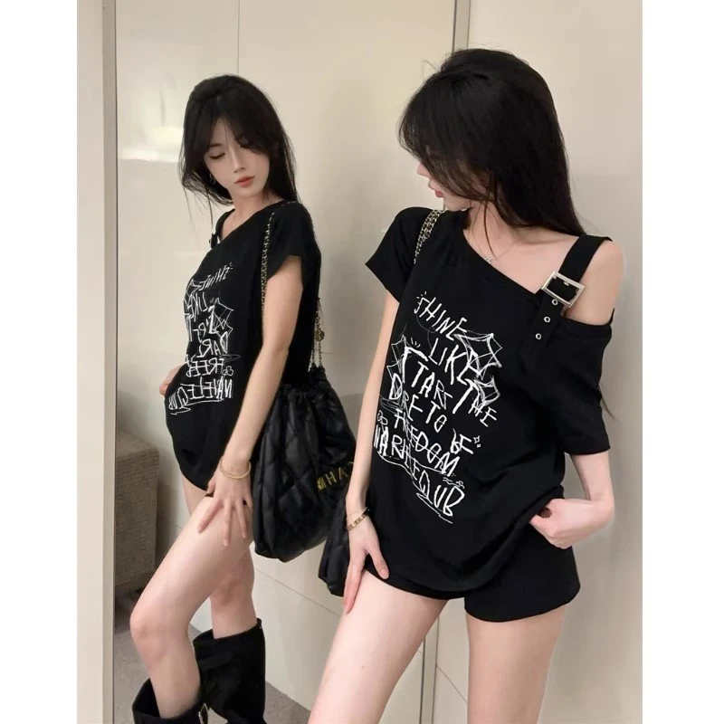 美式港风辣妹涂鸦印花斜肩短袖T恤女夏季甜酷露肩宽松显瘦上衣潮