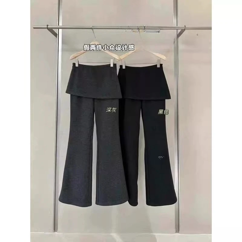 设计感2024秋冬新款加厚微喇叭卫裤女宽松休闲小众显瘦假两件裙裤