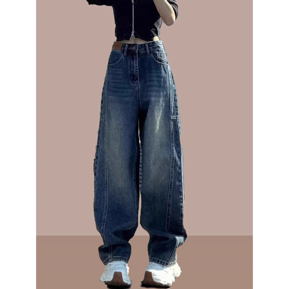 美式水洗高腰牛仔裤女2025秋冬新款复古弯刀设计直筒宽松显瘦长裤