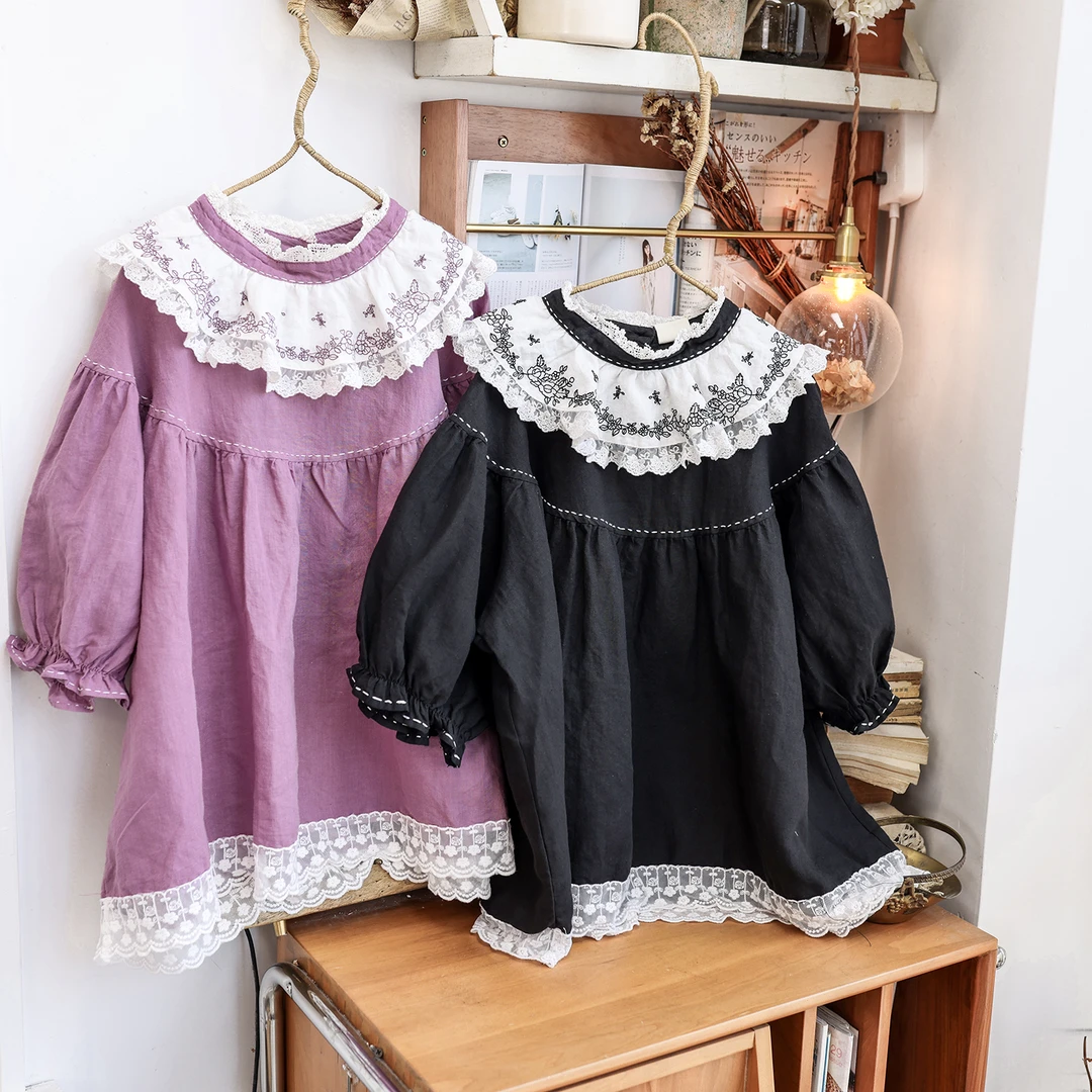 美村日系荷叶边法式麻料绣花娃娃衫衬衣上衣百搭文艺森女系高端