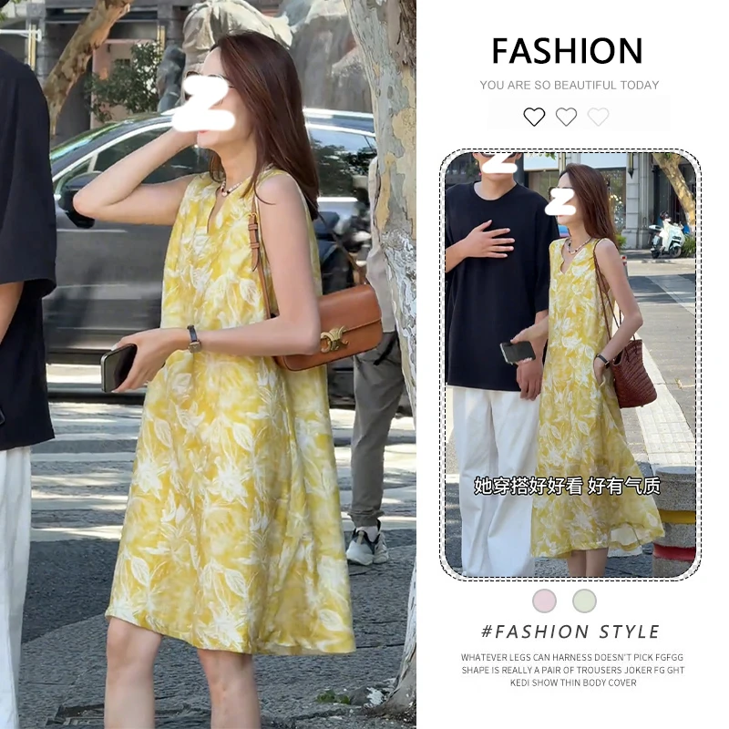 法式V领黄色无袖连衣裙2025年新款今年流行爆款巨好看的裙子夏季