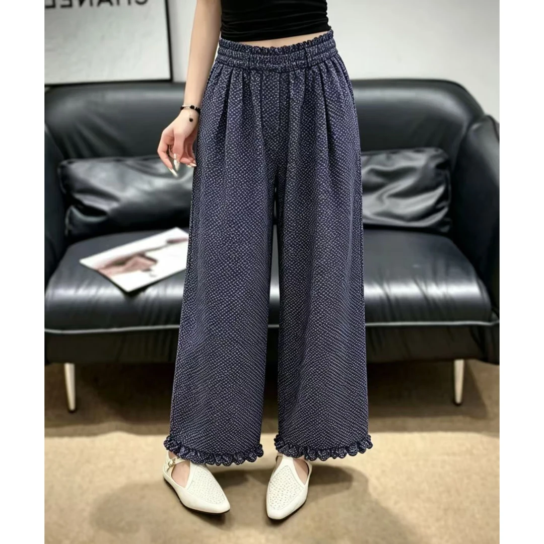 S腰66-92长92木耳边裤脚凹凸肌理碎花减龄休闲裤 7718