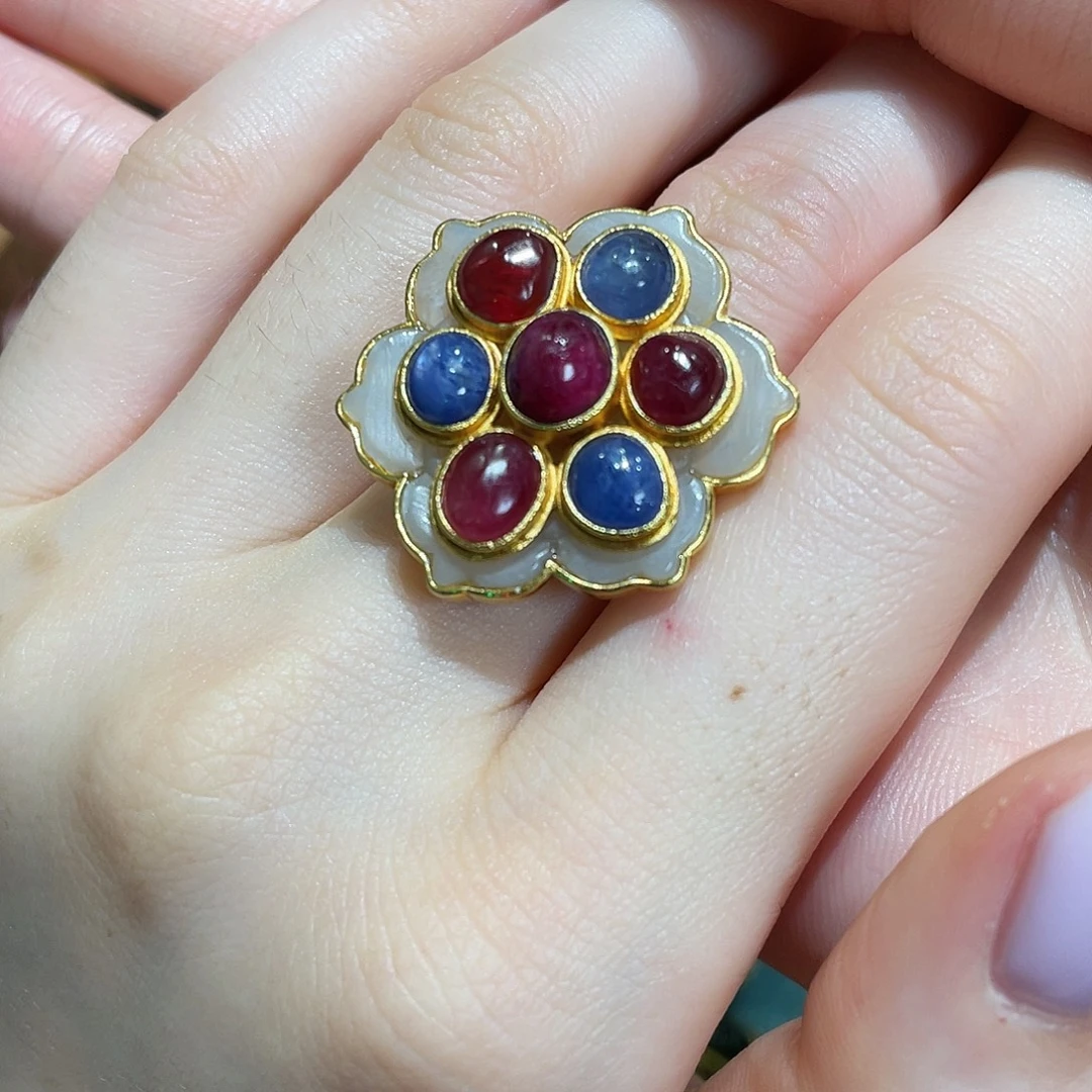 戒指尖晶石银S925镀金镶嵌