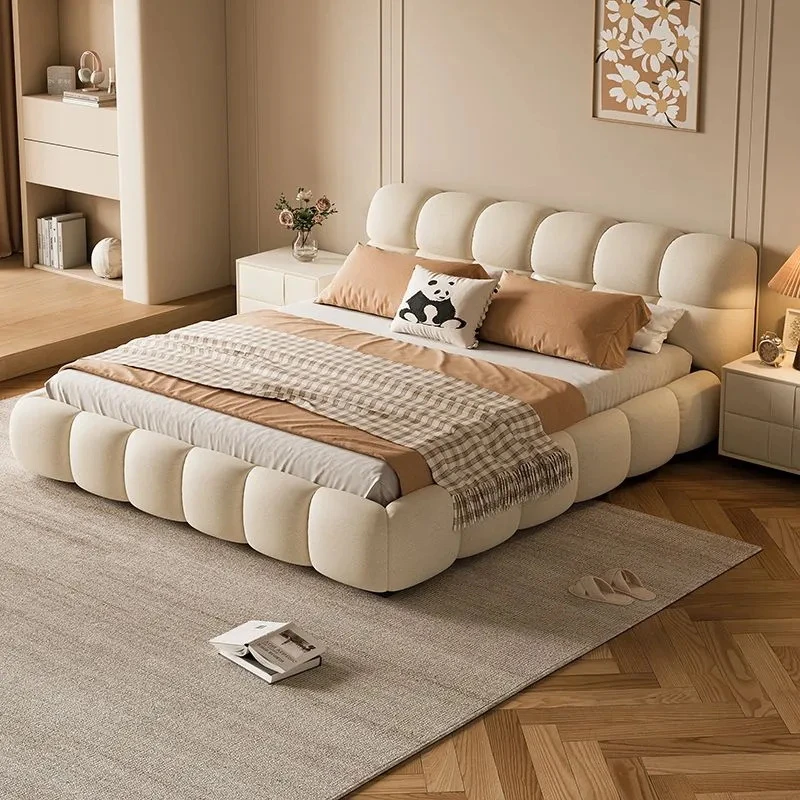 奶油风泡芙羊羔绒大床婚床卧室双人云朵简约布艺床家用轻奢主卧室