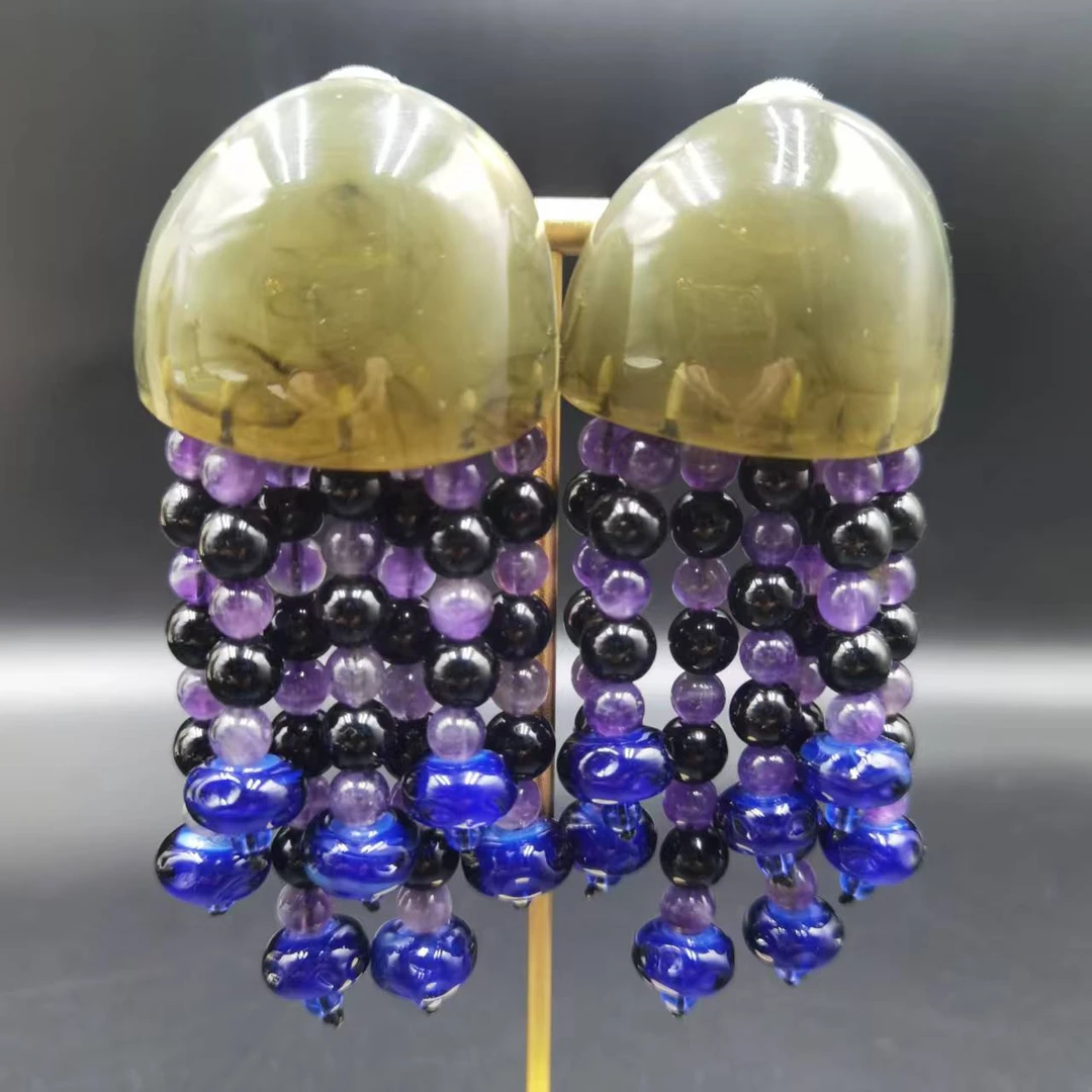 铜合金亚克力耳饰 长款【伊琳饰品】蓝紫石耳夹