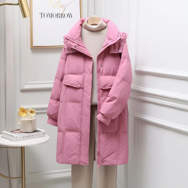 羽绒服女中长款2024年冬季新款韩版M扣外套潮