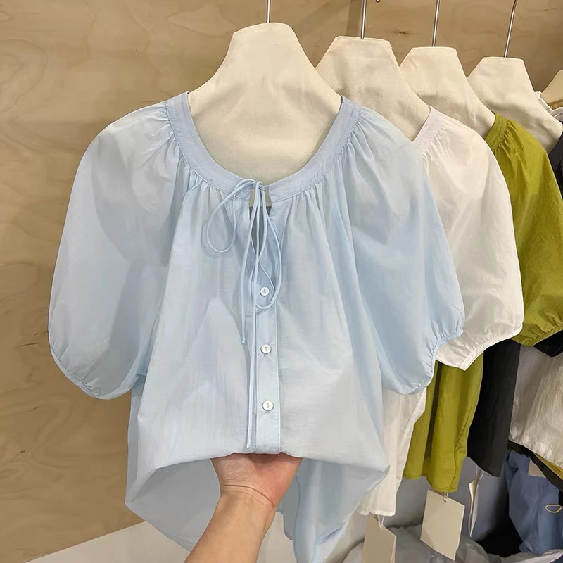25620 夏季韩系宽松绑带薄款衬衫女灯笼袖小个子上衣减龄娃娃小衫