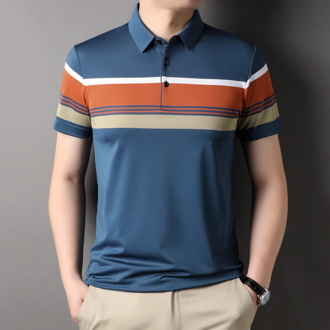 【品牌撤柜】免烫条纹新款夏季标准色块Polo衫潮流中年短袖男士休闲