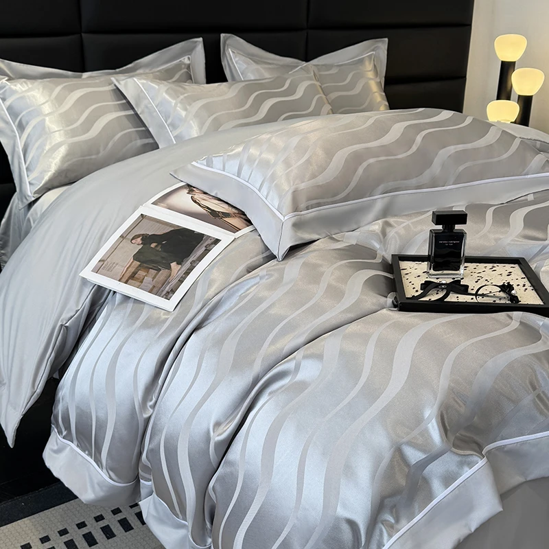 轻奢纯棉贡缎提花床上四件套全棉床笠被套简约夏季被罩欧式