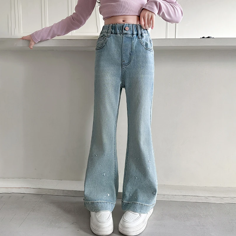 女童蝴蝶亮钻微喇叭裤弹力修身2025新款中大童春秋牛仔裤显瘦洋气