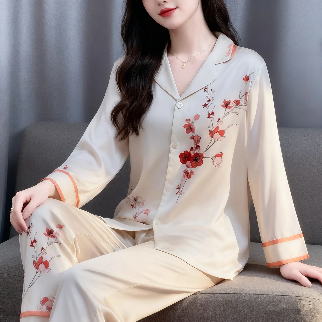 水光绸高级感夏季薄款透气国风中年休闲家居服睡衣长袖长裤款
