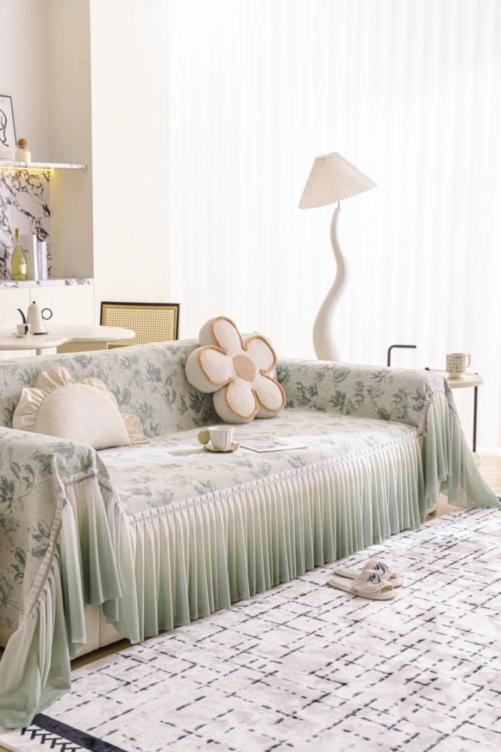 夏日限定款天青色雪尼尔绒冰丝裙边沙发垫