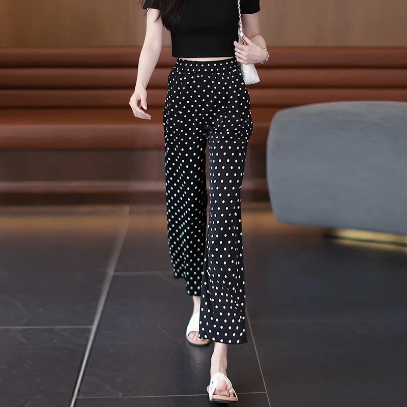 拉夏贝尔2025新款波点阔腿裤女夏季爆款薄款高腰显瘦宽松直筒裤女