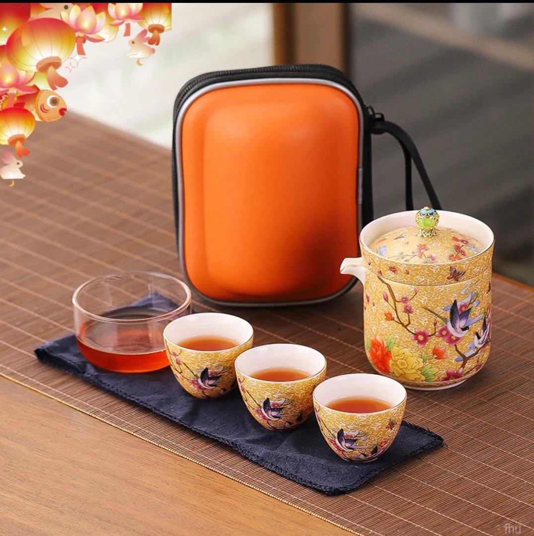 羊脂玉瓷珐琅彩掐金丝旅行茶具套装一壶四杯出差露营快客茶壶8107