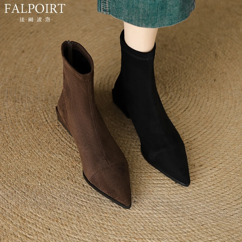 FALPOIRT弹力瘦瘦靴女2025新款秋冬显瘦裸靴法式尖头粗跟绒面短靴