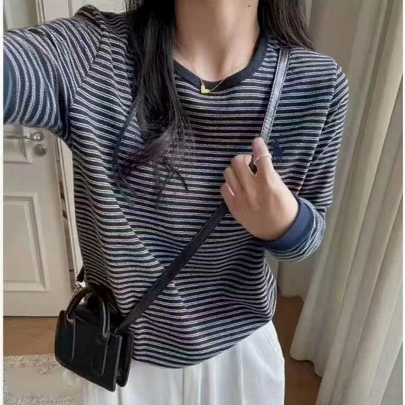 9220#2025秋冬条纹打底衫女外套内搭圆领长袖t恤修身显瘦上衣潮