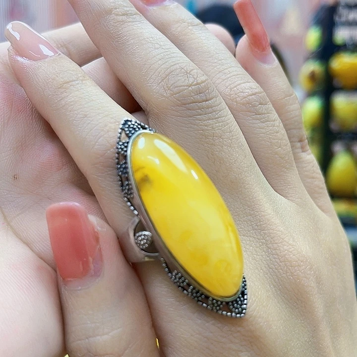 琥珀银S925镶嵌颈饰戒指