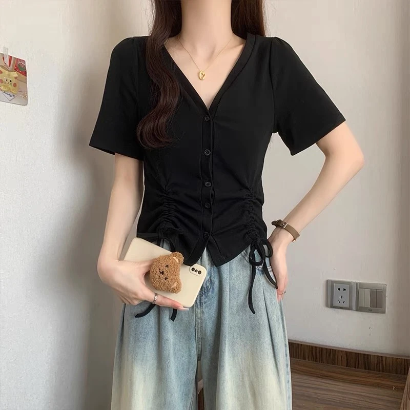 抽绳V领正肩短袖T恤女2025夏季新款显瘦修身设计感小众短款上衣