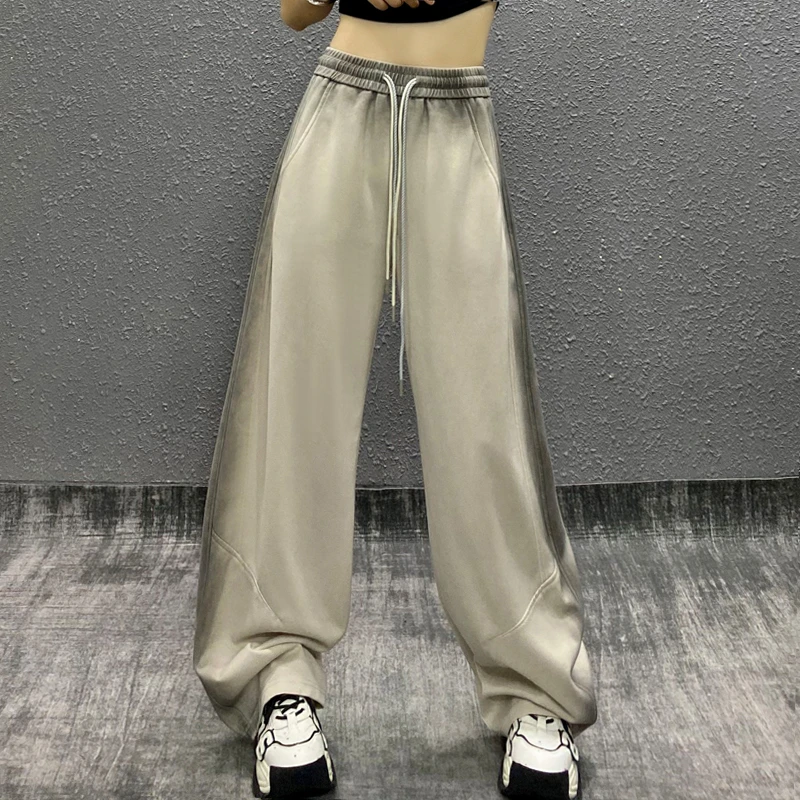 个性喷漆拼色垂感休闲弯刀裤女夏新款高腰宽松显瘦百搭直筒香蕉裤
