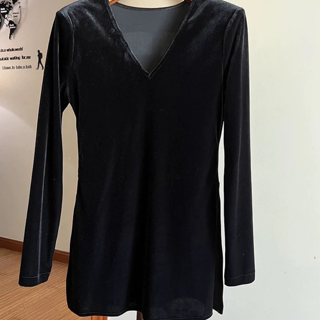 【YSLT官方店】V领修身中长款金丝绒上衣