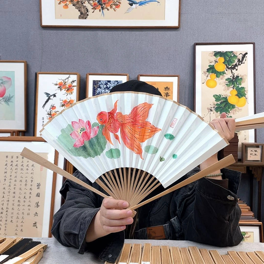 国画8寸玉竹-纯手绘-文玩扇骨（默认粘好）