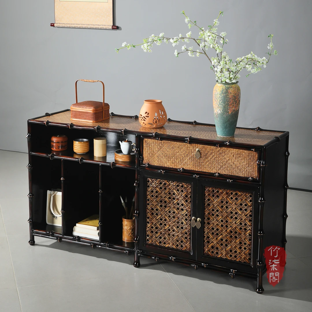大漆筇竹收纳柜储物柜中式茶柜竹编茶边柜博古架置物架矮柜玄关柜