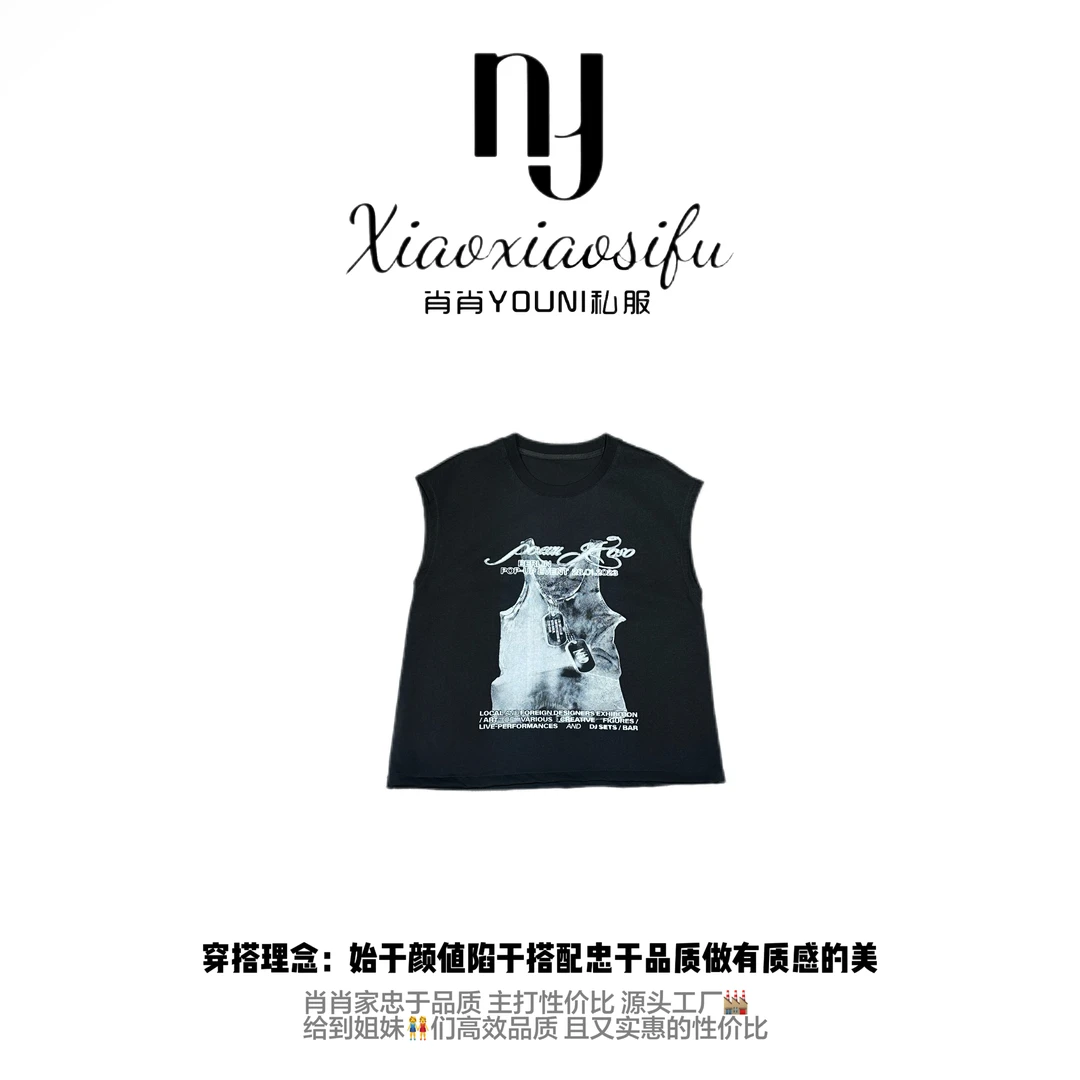 肖肖家·柏林往事 美式复古街头黑色无袖上衣 潮流人物图案超吸睛