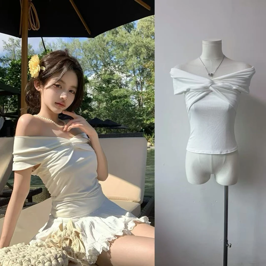 cchun纯子 褶皱扭结 美式一字肩纯欲辣妹设计感修身舒适上衣