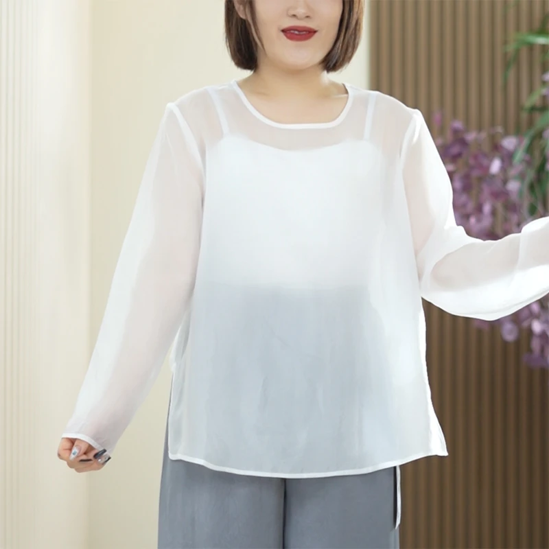 铜氨云雾纱珠光雅致静奢高级感上衣0负担夏季清凉大码T恤罩衫女潮