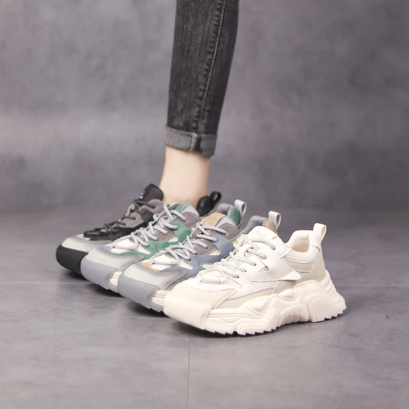 听纯9006-88春季2024百搭时尚厚底网面透气运动真皮时尚老爹鞋女